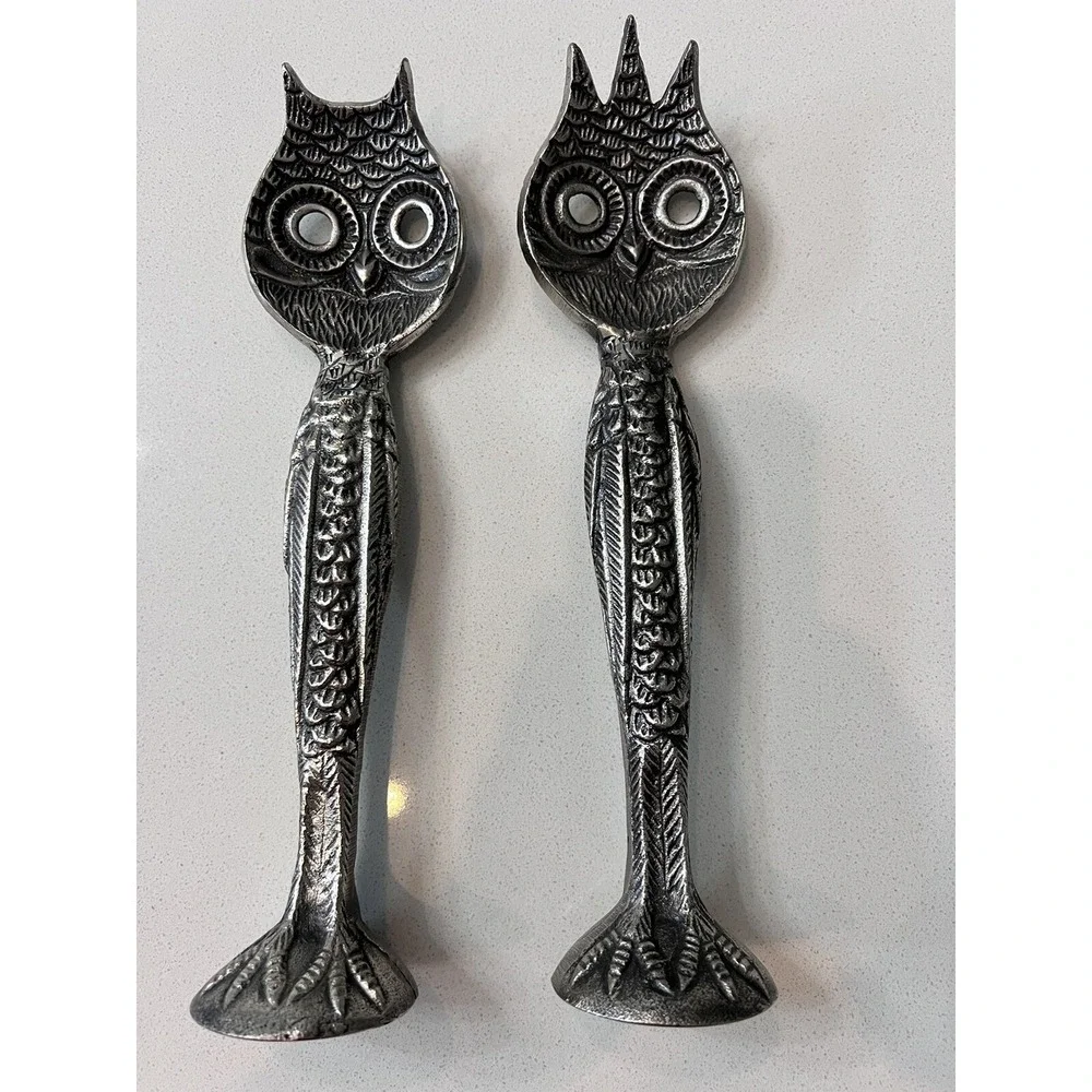 Retired Pottery Barn Metal Owl Salad‎ Serving Utensils Pair RARE